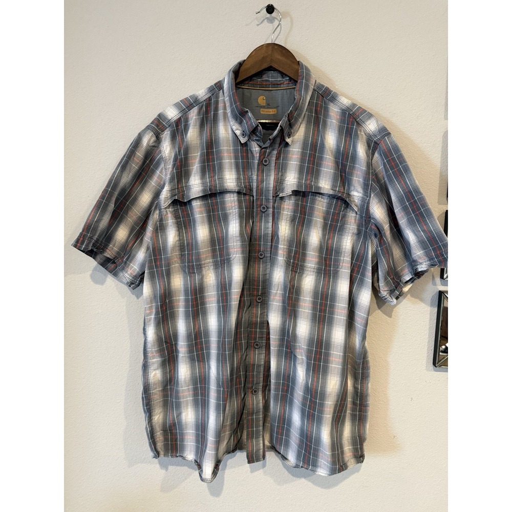 Carhartt Force Men's XL Relaxed Fit Plaid Short Sleeve Button Shirt Gray Red